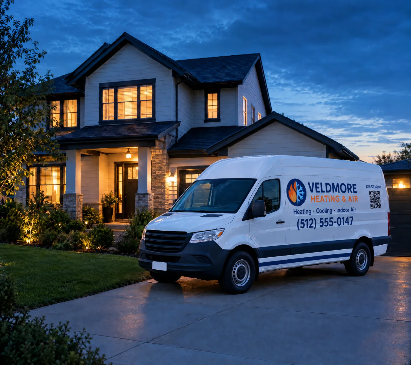 Service van signwritten for an example HVAC company, with a QR code labeled Scan for a quote, parked at a suburban home at dusk